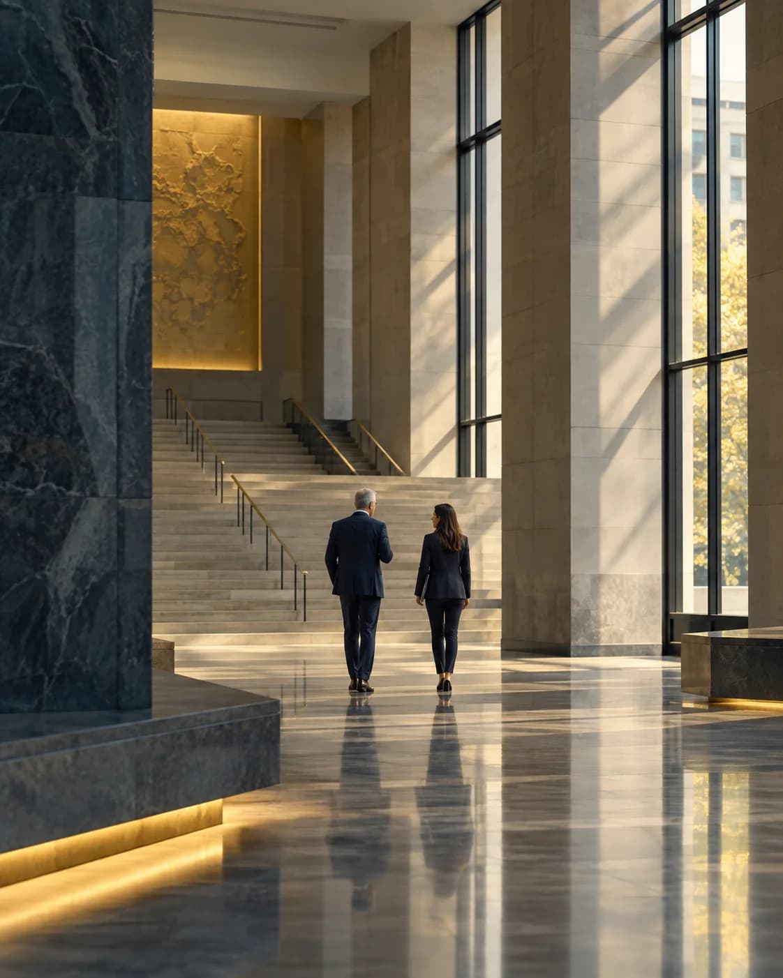 An experienced executive and an early-career professional walking through a monumental civic interior